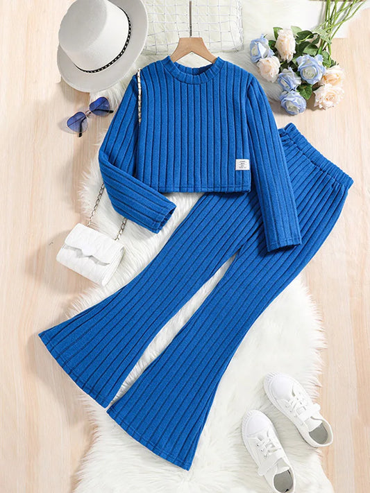 2 Pcs Kids Clothing Sets Outfits for Girls 2024 New Autumn Winter / Children Fashion Knit Blue Long Sleeve Tops Flares Pants