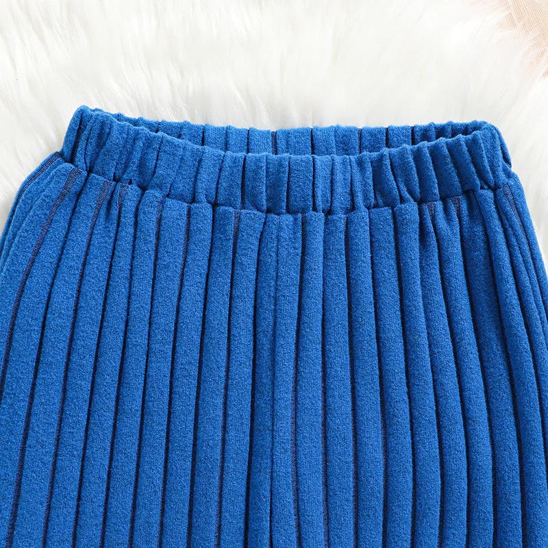 2 Pcs Kids Clothing Sets Outfits for Girls 2024 New Autumn Winter / Children Fashion Knit Blue Long Sleeve Tops Flares Pants