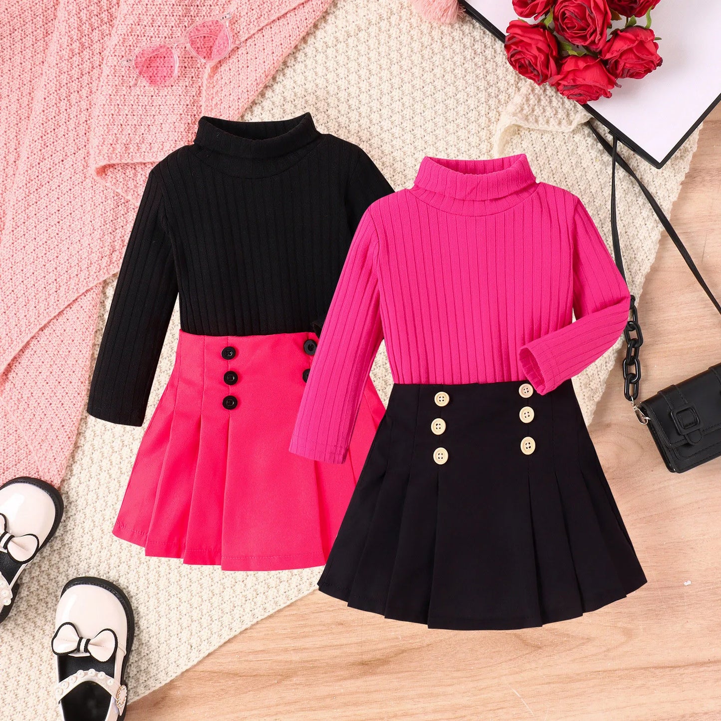 Autumn Kids Dress Sets Toddler Baby Girl Fall Winter Outfit Long Sleeve Knitted Sweater Top Button Skirt 2PCS Clothes Set ropa