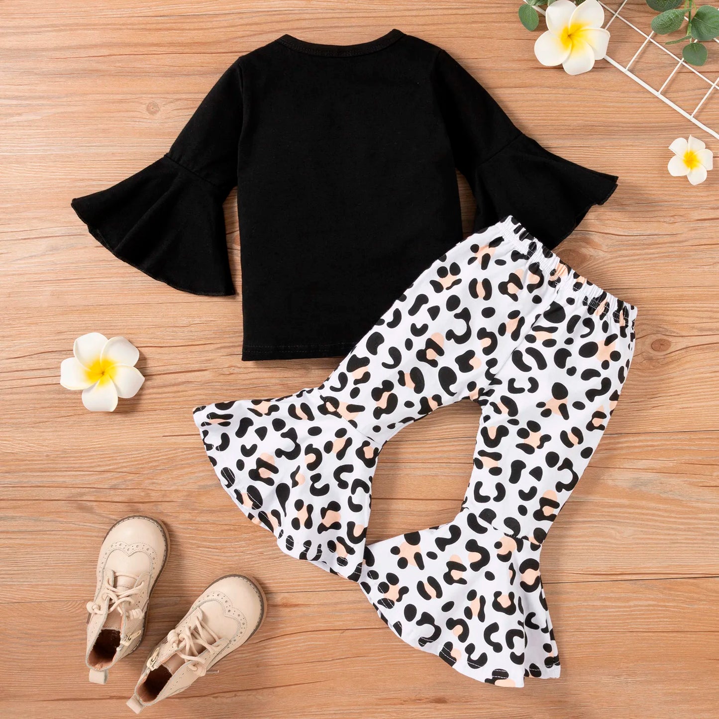 Baby Girl Clothes Set T-shirt Tops+ Leopard Print Bell-bottomed Pants