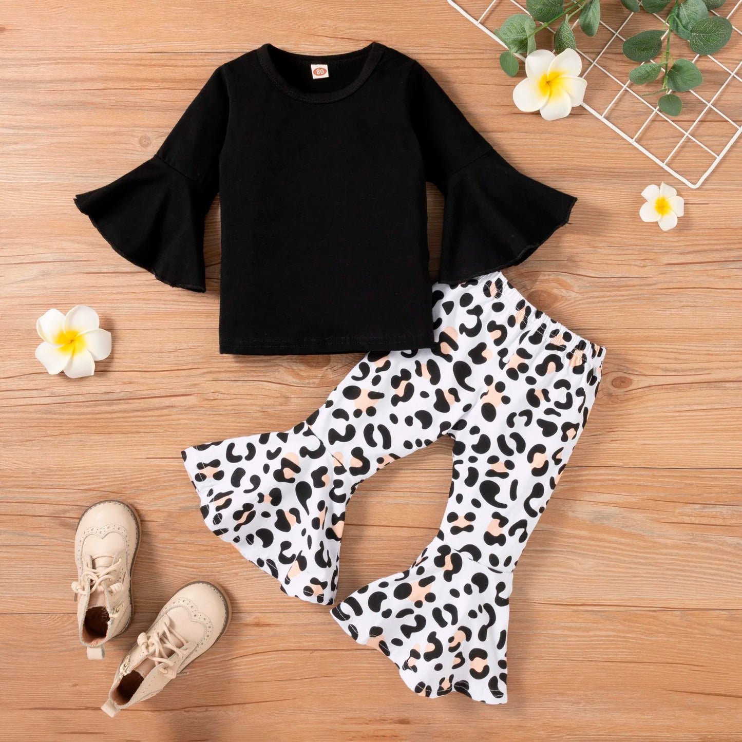 Baby Girl Clothes Set T-shirt Tops+ Leopard Print Bell-bottomed Pants