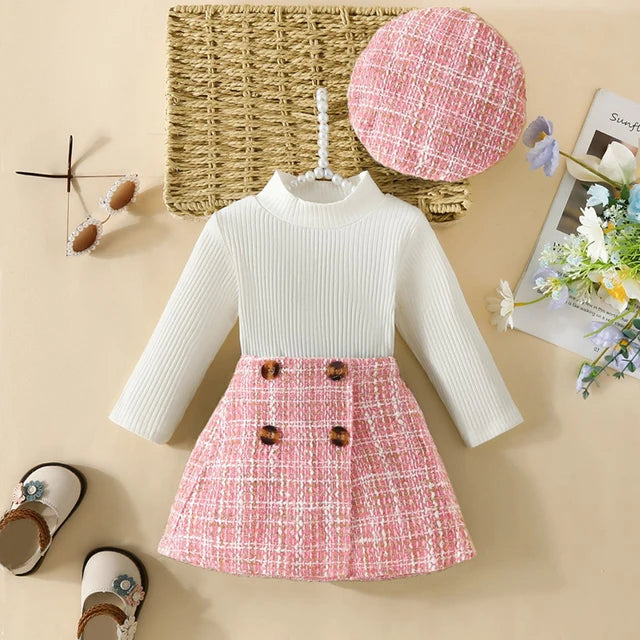 Baby Girl Clothing Long Sleeve Pit Stripe Turtleneck T-Shirt Tops And Beret, Half Skirt Suit For Female Toddler Kids