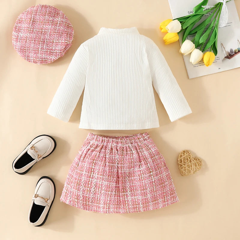 Baby Girl Clothing Long Sleeve Pit Stripe Turtleneck T-Shirt Tops And Beret, Half Skirt Suit For Female Toddler Kids