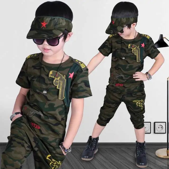 Boys Clothing Sets  Fashion Summer Solid Cotton Camouflage T-shirts + Pants