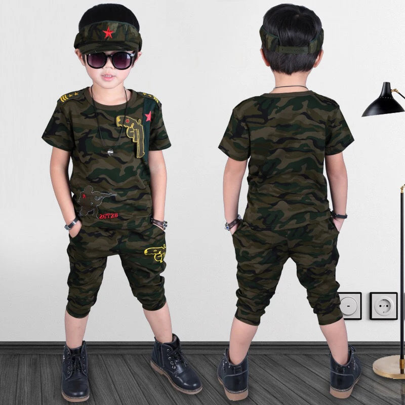 Boys Clothing Sets  Fashion Summer Solid Cotton Camouflage T-shirts + Pants