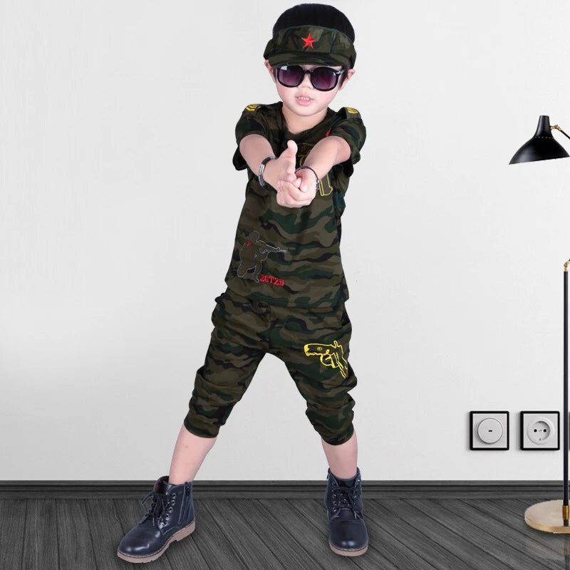 Boys Clothing Sets  Fashion Summer Solid Cotton Camouflage T-shirts + Pants