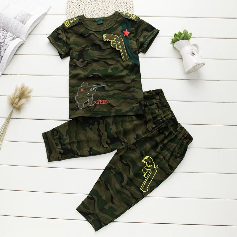 Boys Clothing Sets  Fashion Summer Solid Cotton Camouflage T-shirts + Pants