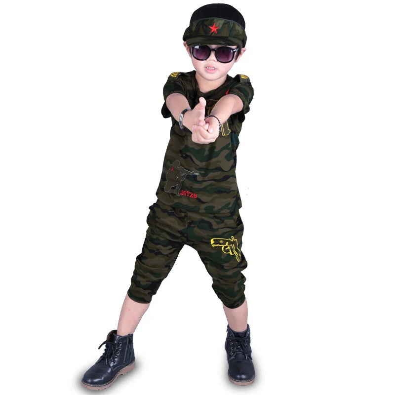 Boys Clothing Sets  Fashion Summer Solid Cotton Camouflage T-shirts + Pants