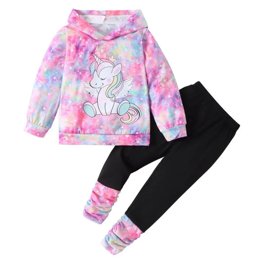 Children Girls Set Spring Autumn Casual Cartoon Printed Tie-dye, Full Print Hooded Coat T-shirt Pants Kids Tracksuit 2Pcs  -