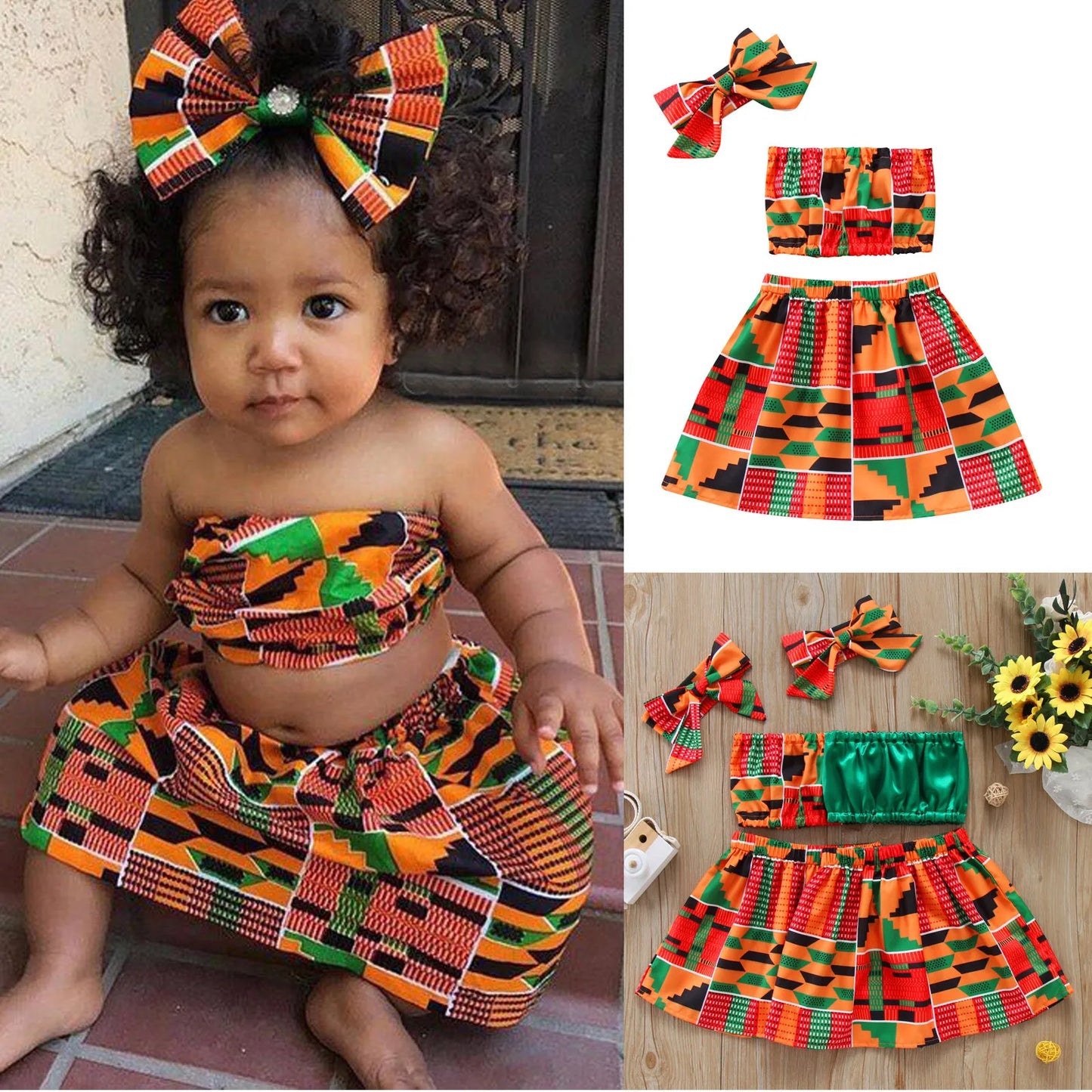 Children's Sets Toddler, Kids, Baby Girls Summer Clothes African Style Vest Tops Dashiki, Skirts, Headband And Ankara Outfits Set