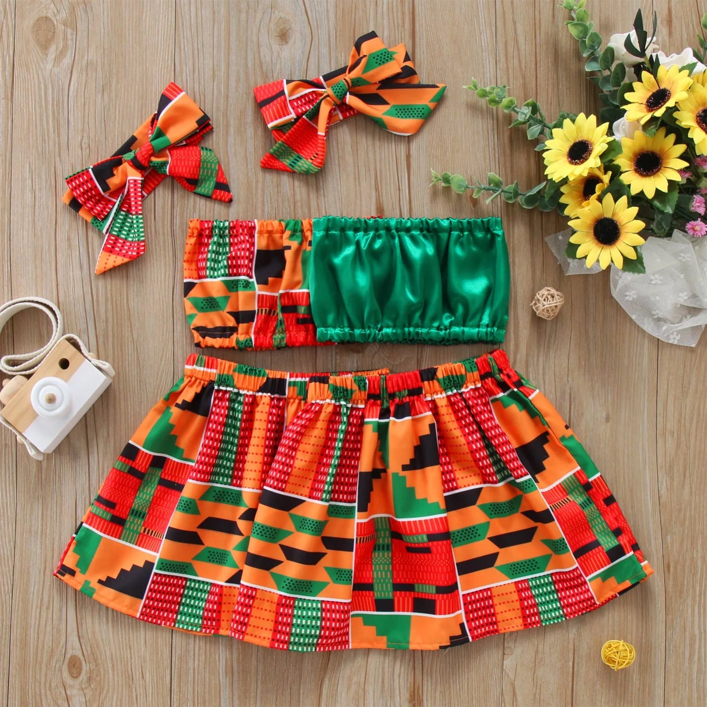 Children's Sets Toddler, Kids, Baby Girls Summer Clothes African Style Vest Tops Dashiki, Skirts, Headband And Ankara Outfits Set