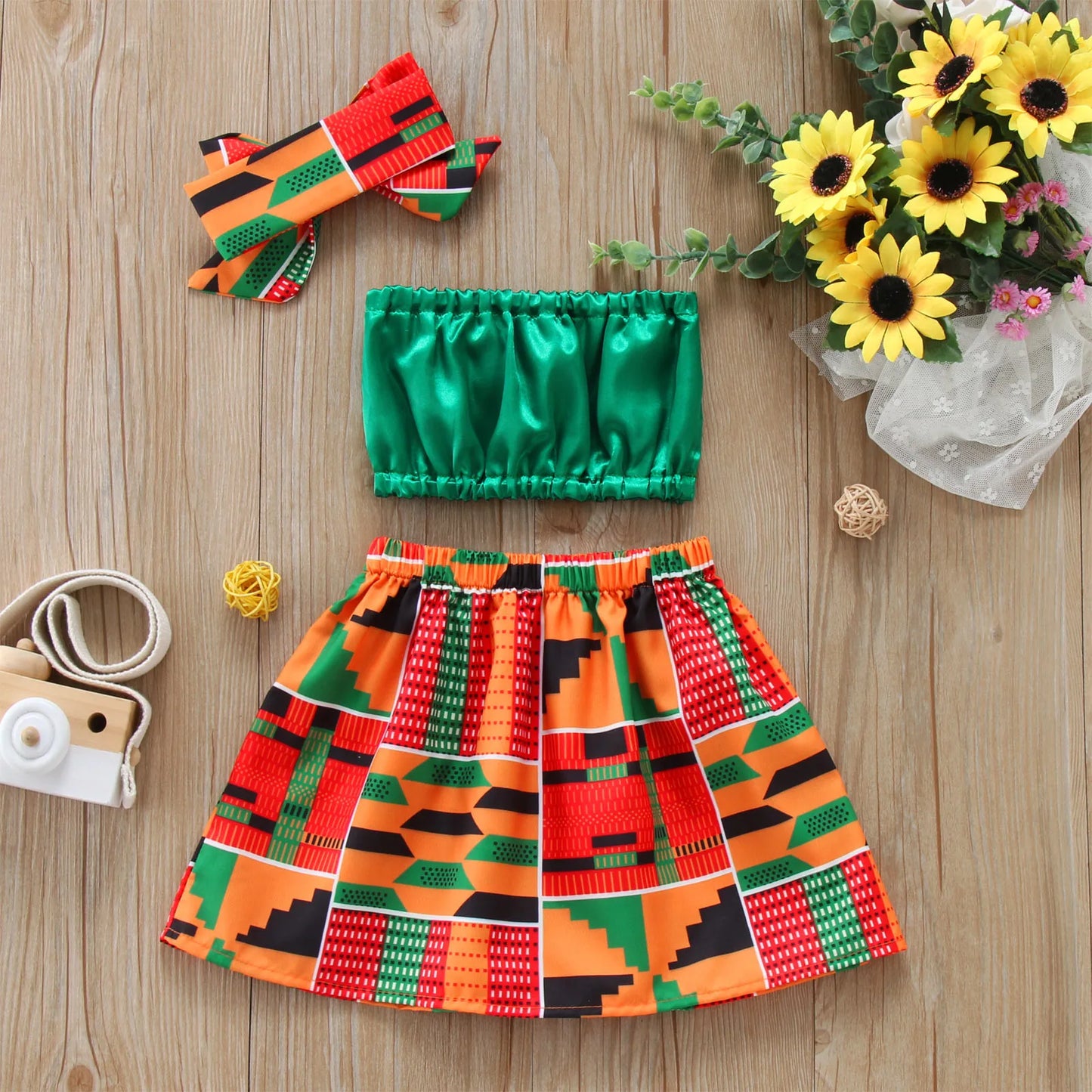 Children's Sets Toddler, Kids, Baby Girls Summer Clothes African Style Vest Tops Dashiki, Skirts, Headband And Ankara Outfits Set