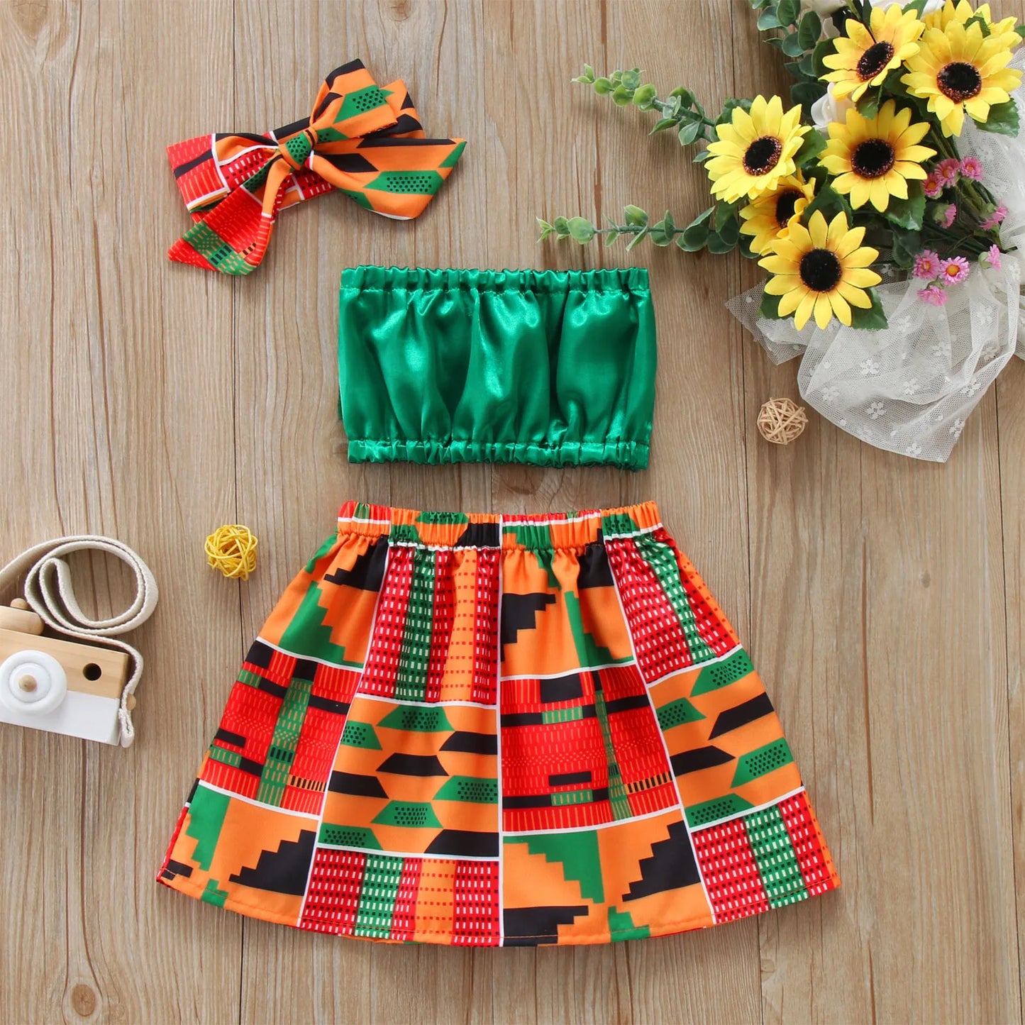 Children's Sets Toddler, Kids, Baby Girls Summer Clothes African Style Vest Tops Dashiki, Skirts, Headband And Ankara Outfits Set